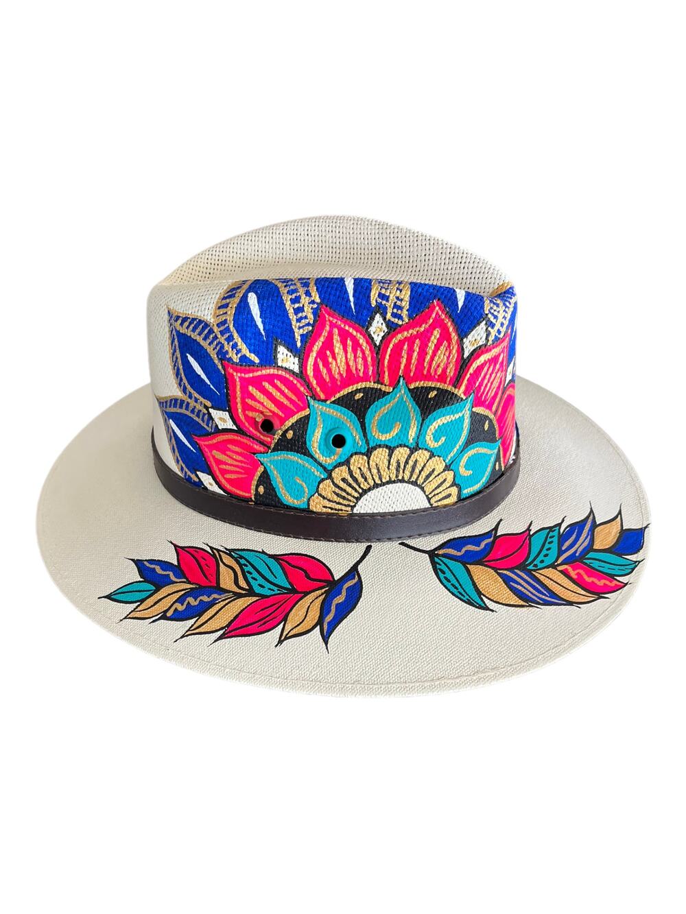 HAT MEXICAN Artisanal Hand Painted Fedora Mandala Sombrero Panama Bohemian White